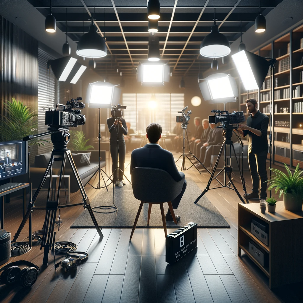 DALL·E 2023-11-27 11.27.06 - A photorealistic depiction of an interview scene at a film production company, showcasing a professional setting with a crew conducting an interview. .png