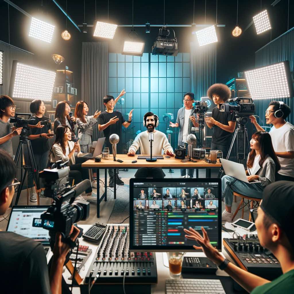 DALL·E 2023-11-13 11.45.58 - A bustling TikTok live streaming studio scene, capturing the energy and excitement of a live broadcast. The studio is equipped with modern technology .jpg