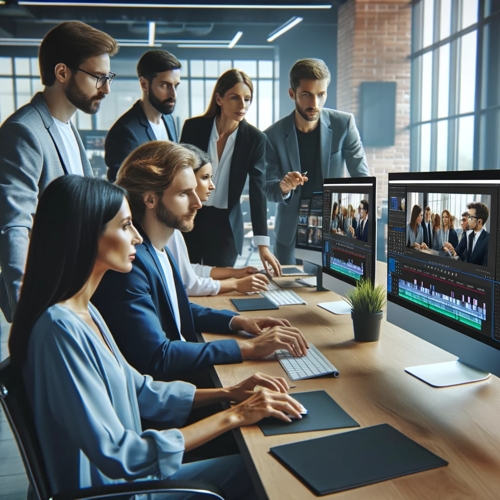 DALL·E 2023-12-01 13.39.35 - A corporate team reviewing and editing a promotional video, showing individuals focused on computer screens with video editing software, in a modern, .png