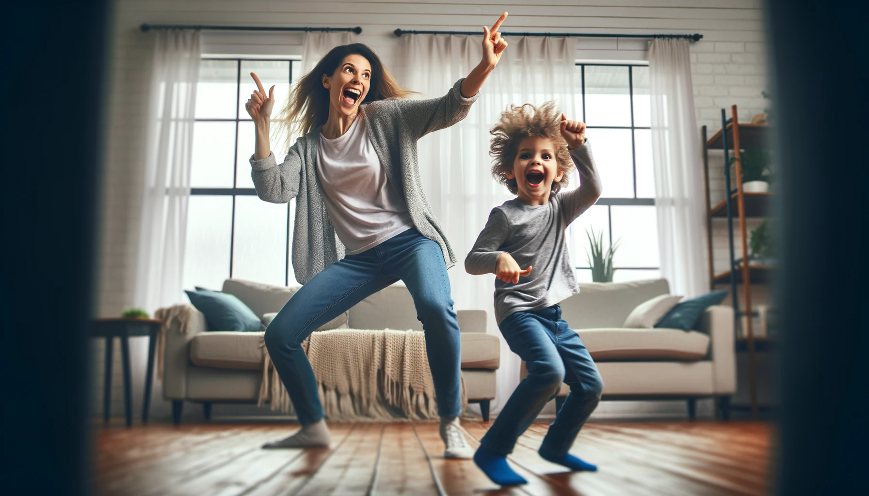 DALL·E 2023-12-10 02.45.49 - A wide shot of a mother and her child in their home, dancing together with exaggerated, dynamic movements. The scene captures a highly animated and pl.png